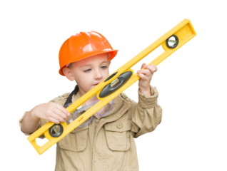 Transparent PNG Boy with Level Playing Handyman with Hrd Hat and Level.