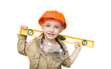 Transparent PNG Boy with Level Playing Handyman with Hrd Hat and Level.