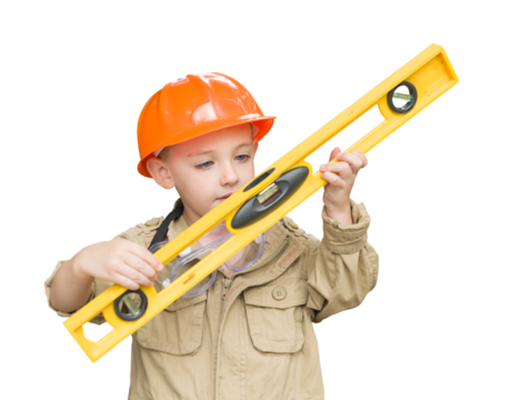 Transparent PNG Boy with Level Playing Handyman with Hrd Hat and Level.