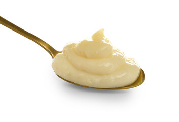 Spoon of delicious vanilla pudding on white background, closeup