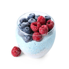 Glass of chia pudding with berries on white background