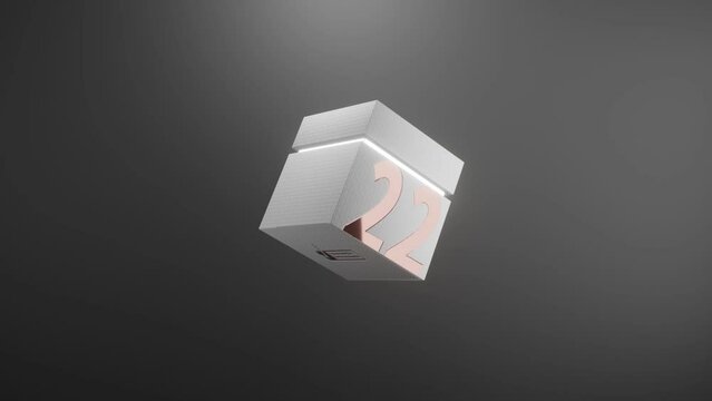 dramatic 3d render of a textured white box rotating and opening to reveal a glowing interior against a white background