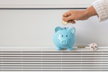 Woman putting coin into piggy bank near light wall, closeup. Heating season concept