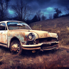 Abandoned vintage car in a rusty condition. 3D illustration