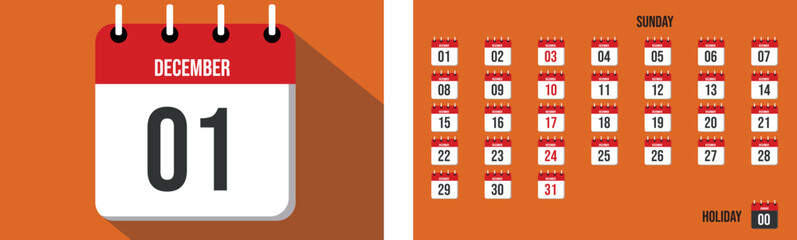 December, date, days of the month, reminder, calendar, Sunday, holiday, red, orange, white, black