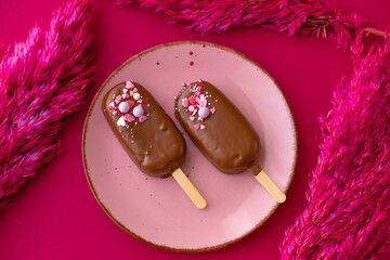 cupcake ice cream .Chocolate cupcakes set on a on a plate with dried flowers on a fuchsia...
