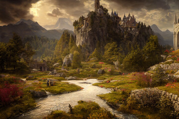 Fantasy Landscape in the Mountains, Ruins, Castle, Digital Illustration, Concept Art