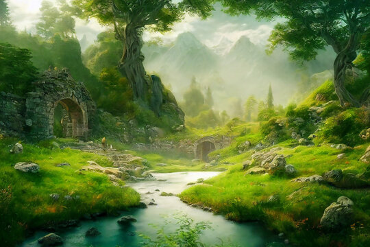 Fantasy Landscape in the Mountains, Ruins, Castle, Digital Illustration, Concept Art
