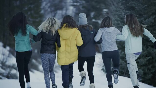 Slow motion rear view of girls arm in arm skipping in winter / Tibble Fork, Utah, United States
