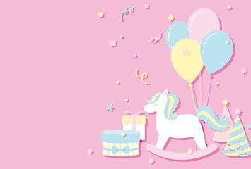 vector background with a rocking horse, balloons, gift boxes and party hats for banners, baby shower cards, flyers, social media wallpapers, etc.