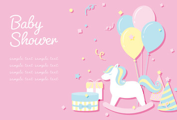 vector background with a rocking horse, balloons, gift boxes and party hats for banners, baby shower cards, flyers, social media wallpapers, etc.