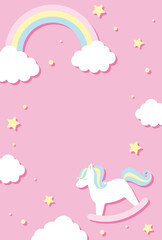 vector background with a rocking horse and rainbow in the sky for banners, baby shower cards, flyers, social media wallpapers, etc.