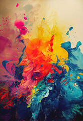 Abstract painting splashes of paint in synchonised colorful grouping, on canvas