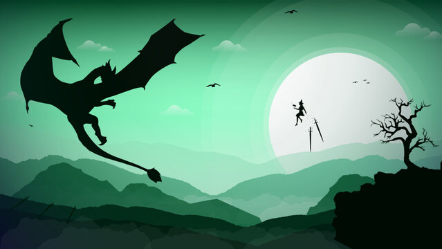 mountain backgroud. witch versus dragon illustration. floating witch with magic book in hand. fantasy wallpaper with mythological animal. fight with sword background.