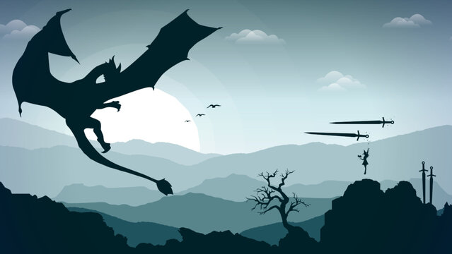 witch versus dragon illustration. floating witch with magic book in hand. mountain background. fight with sword. fantasy wallpaper with mythological animal. 