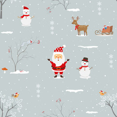 Winter holiday seamless pattern with Santa Claus and friends happy on winter night