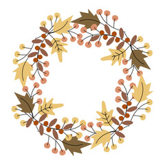 Round wreath, frame from autumn plants in trendy muted shades. Copyspace. Template for lettering