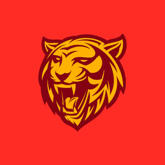 Roaring tiger head logo icon with strong color theme. Sport team mascot logo template.