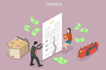 3D Isometric Flat Vector Conceptual Illustration of Divorce , Family Breakup and Property Division