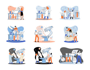 Medical research. Laboratory diagnostic services, medical device design development scenes metaphor. Scientists in hemistry clinic laboratories, microbiology pharmaceutical research. Vaccine discovery
