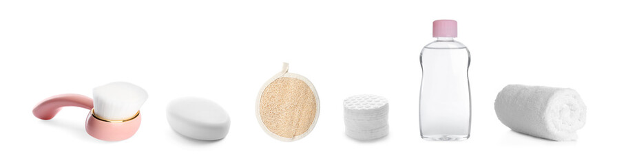 Set with cosmetic products and tools for cleansing on white background. Banner design