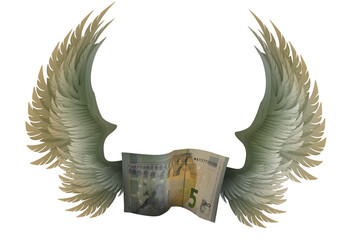 Euro banknote with wings on white background