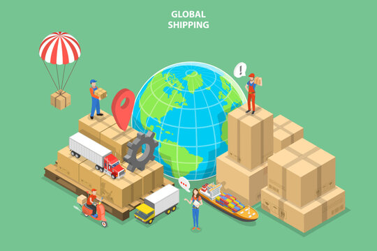 3D Isometric Flat Vector Conceptual Illustration of Global Shipping, International Logistics Network