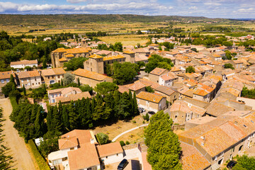 Fototapeta na wymiar Aerial view of houses of Fontcouverte commune in Aude department, southern France