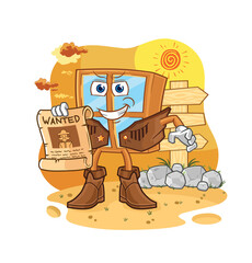 window cowboy with wanted paper. cartoon mascot vector