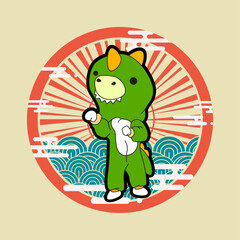 dino illustration with japanese style for kaijune event, notebook, logo