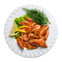 boiled shrimp on plate isolated on white background top view