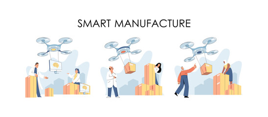 Fototapeta premium Smart logistics technology metaphor. Idea of modern transportation and distribution. People using copter delivery. Technical and science innovation. Automation and development of delivery process