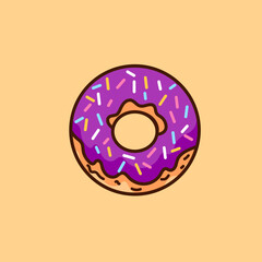 donut flat design with purple taro topping and sprinkles of meses.suitable for icons or logos for restaurants and cafes. vector illustration