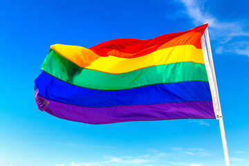 Rainbow LGBT gay flag against sky