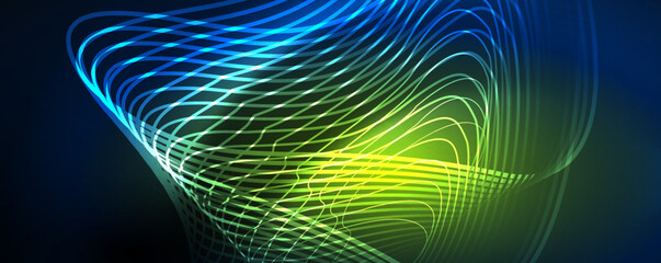 Shiny neon waves, dynamic electric motion, energy or speed concept. Vector illustration for wallpaper, banner, background, leaflet, catalog, cover, flyer