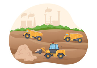 Mining Company with Heavy Yellow Dumper Trucks for Coal Mine Industrial Process or Transportation in Flat Cartoon Hand Drawn Templates Illustration © denayune