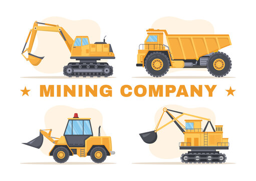 Mining Company with Heavy Yellow Dumper Trucks for Coal Mine Industrial Process or Transportation in Flat Cartoon Hand Drawn Templates Illustration