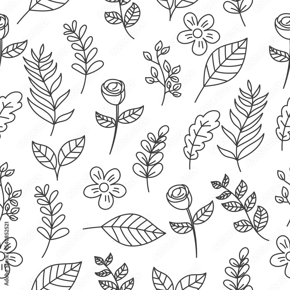 Wall mural Seamless leaves doodle pattern with a black and white design suitable for background or wallpaper