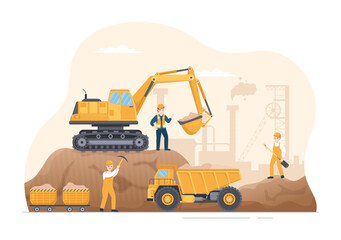 Obraz na płótnie Canvas Mining Company with Heavy Yellow Dumper Trucks for Coal Mine Industrial Process or Transportation in Flat Cartoon Hand Drawn Templates Illustration