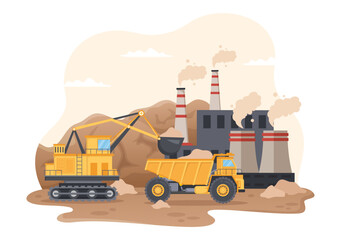 Mining Company with Heavy Yellow Dumper Trucks for Coal Mine Industrial Process or Transportation in Flat Cartoon Hand Drawn Templates Illustration