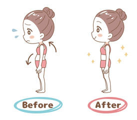 Before-after illustration set of a woman whose posture has been corrected. - obrazy, fototapety, plakaty