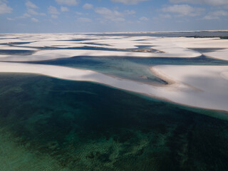 Drone view of dune with lagoons, Lençois Maranhenses, Brazil 