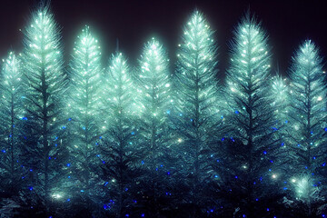 Fototapeta na wymiar Pine Trees In the Night Inspired by Christmas and The Northern Lights