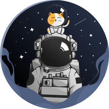 Cute astronaut or cosmonaut with cat pet on his head, catstronaut mascot character fly in dark cloudy starry sky, good for science or educational content for kid and children
