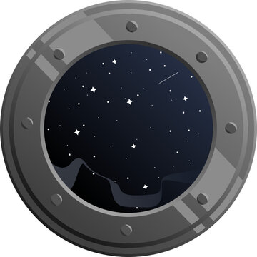 Window or porthole frame on a spacehip rocket submarine ship view to dark starry sky in outer space full of stars and comet  vector illustration, good for education science astronomy content