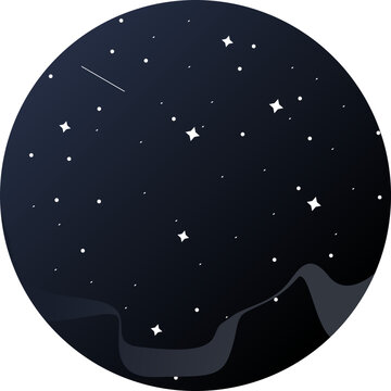 Dark blue gradient night starry sky in outer space full of star, comet and cloud in a round circle background vector illustration