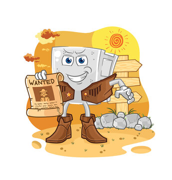 concrete brick cowboy with wanted paper. cartoon mascot vector