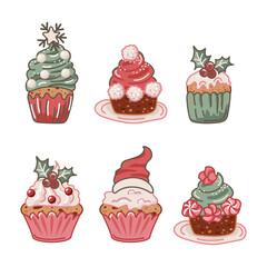 Merry Christmas and New Year cupcakes set. Vector illustrations.