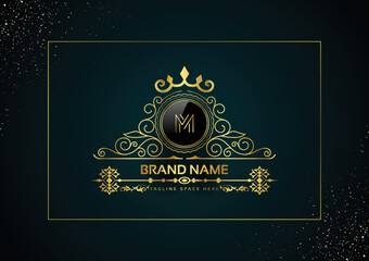 Fototapeta na wymiar Letter M Gold Luxury Crown Logo Concept, Royal Premium Logo Template Vector.