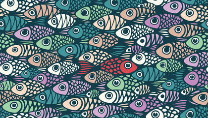 Seamless pattern with fish swimming against the current. One against the crowd, not like everyone else. Vector print with colorful shoal of marine life